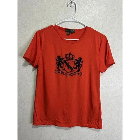LAUREN ACTIVE Ralph Lauren Women Red Orange Shirt Top Embroidered Logo Medium - Picture 1 of 6